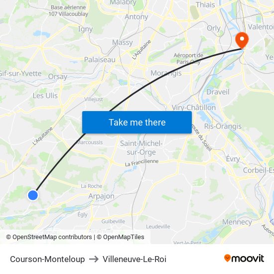 Courson-Monteloup to Villeneuve-Le-Roi map