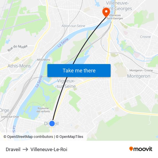 Draveil to Villeneuve-Le-Roi map