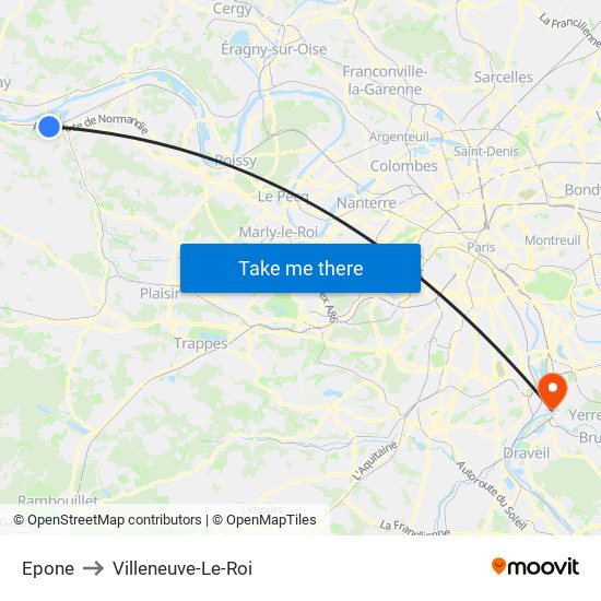 Epone to Villeneuve-Le-Roi map