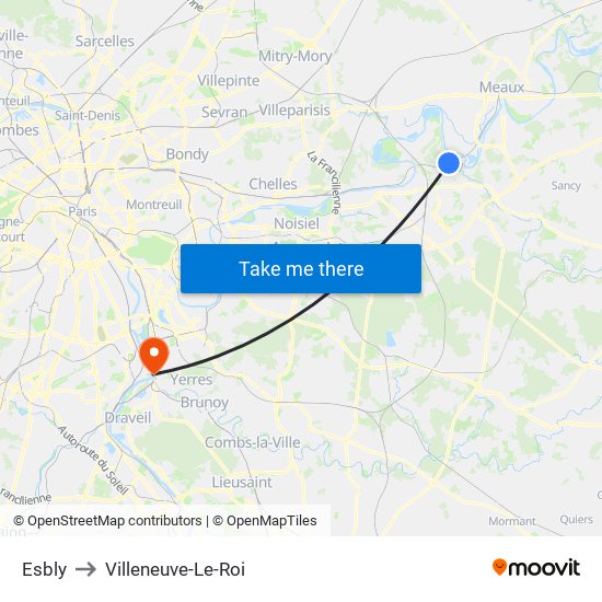 Esbly to Villeneuve-Le-Roi map