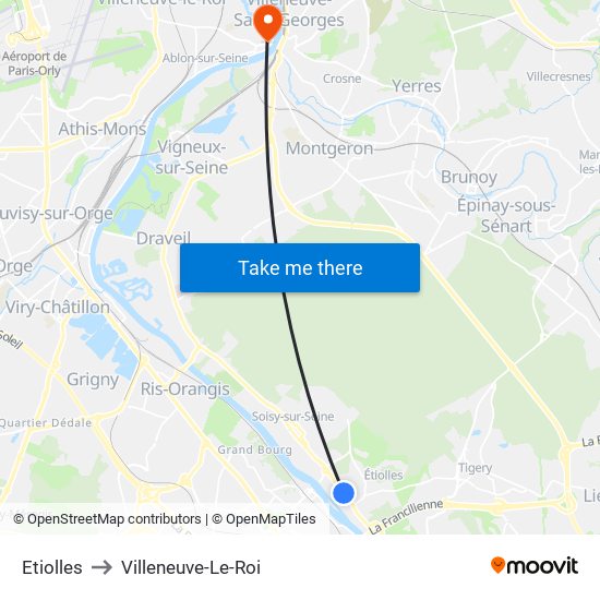 Etiolles to Villeneuve-Le-Roi map