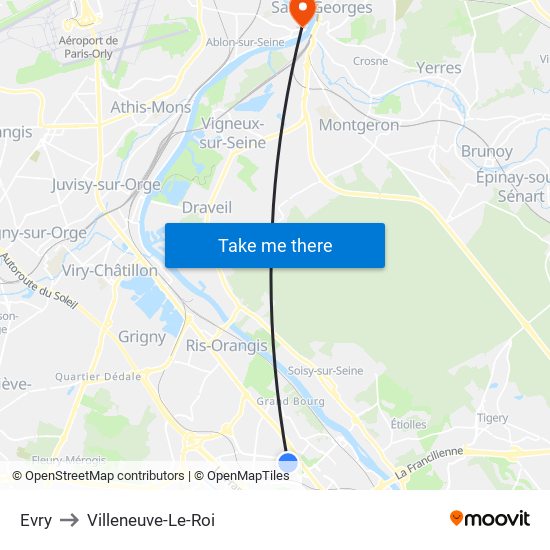 Evry to Villeneuve-Le-Roi map