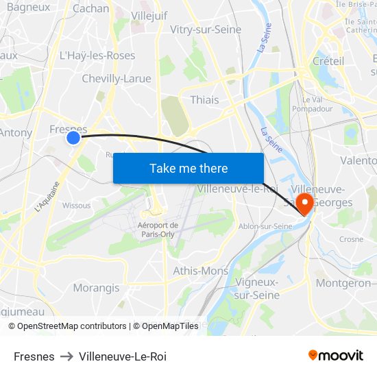 Fresnes to Villeneuve-Le-Roi map