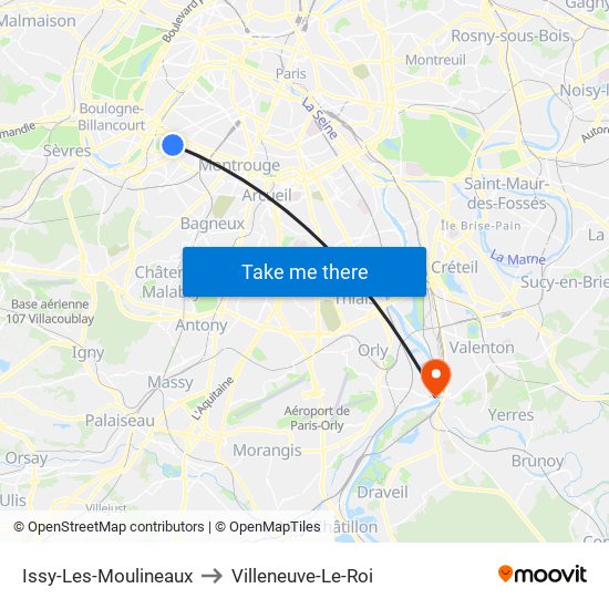 Issy-Les-Moulineaux to Villeneuve-Le-Roi map