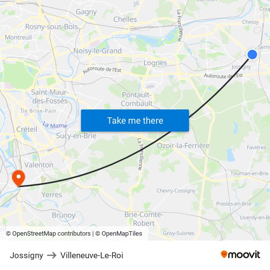 Jossigny to Villeneuve-Le-Roi map