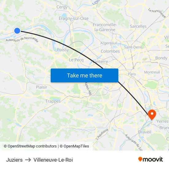 Juziers to Villeneuve-Le-Roi map
