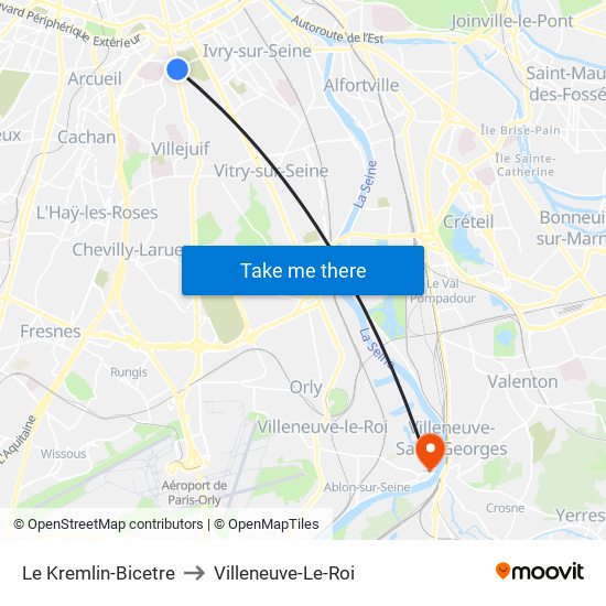 Le Kremlin-Bicetre to Villeneuve-Le-Roi map