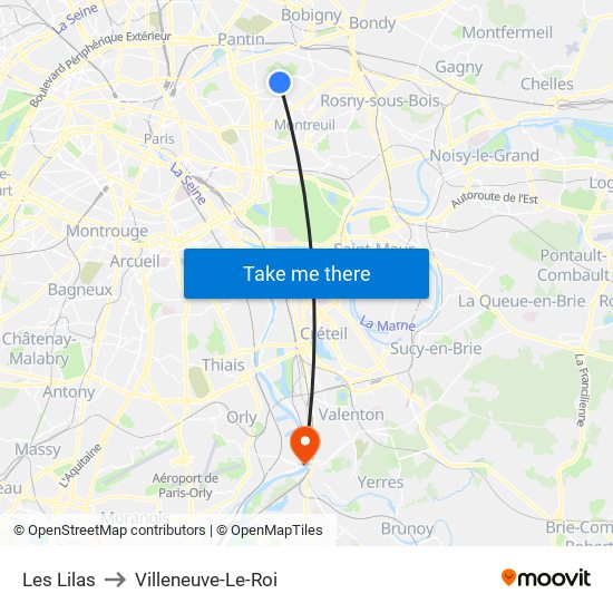 Les Lilas to Villeneuve-Le-Roi map