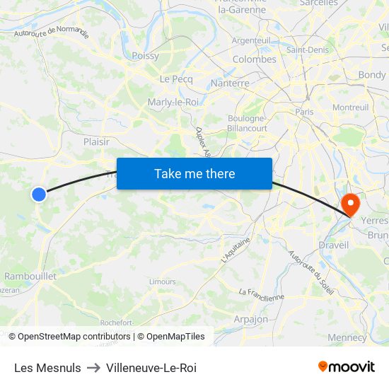 Les Mesnuls to Villeneuve-Le-Roi map
