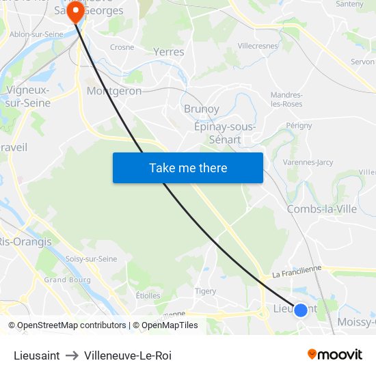 Lieusaint to Villeneuve-Le-Roi map