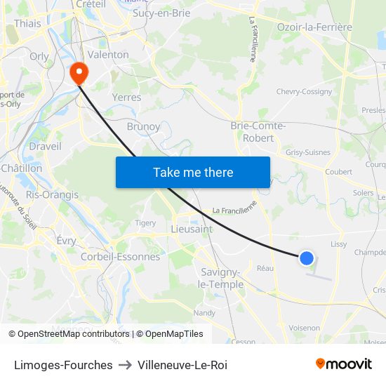 Limoges-Fourches to Villeneuve-Le-Roi map