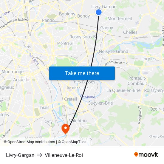 Livry-Gargan to Villeneuve-Le-Roi map