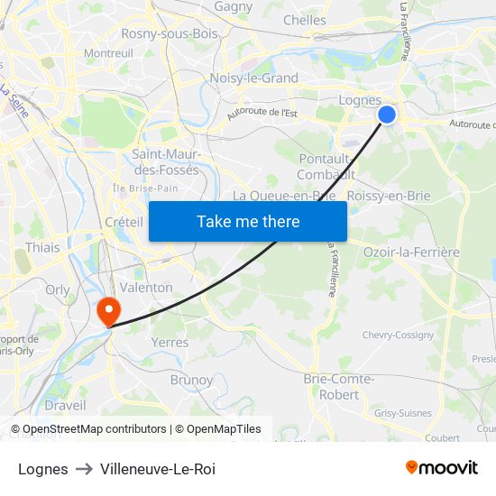 Lognes to Villeneuve-Le-Roi map