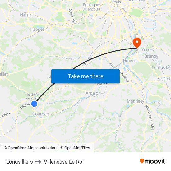 Longvilliers to Villeneuve-Le-Roi map