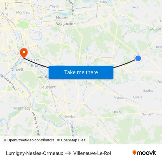 Lumigny-Nesles-Ormeaux to Villeneuve-Le-Roi map