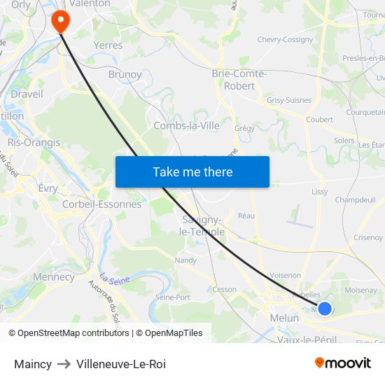 Maincy to Villeneuve-Le-Roi map