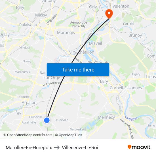 Marolles-En-Hurepoix to Villeneuve-Le-Roi map