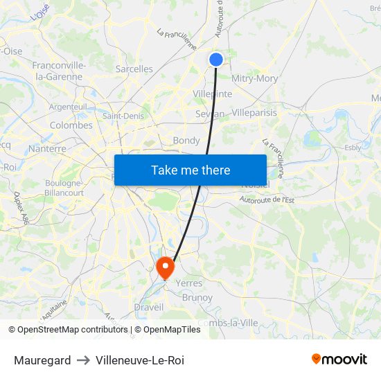 Mauregard to Villeneuve-Le-Roi map