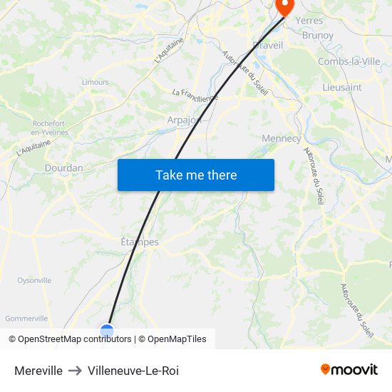 Mereville to Villeneuve-Le-Roi map