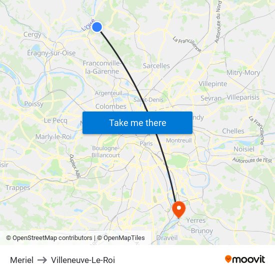 Meriel to Villeneuve-Le-Roi map