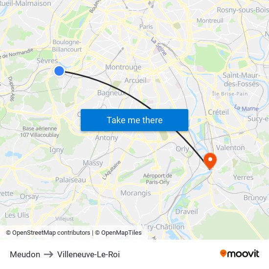 Meudon to Villeneuve-Le-Roi map