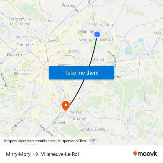 Mitry-Mory to Villeneuve-Le-Roi map