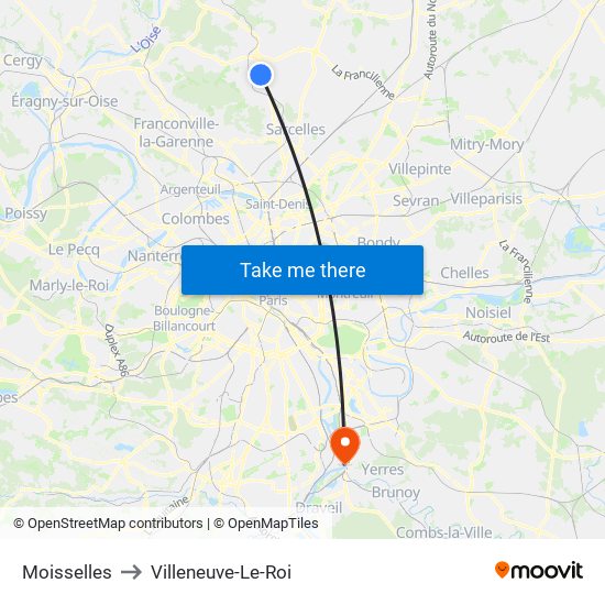 Moisselles to Villeneuve-Le-Roi map