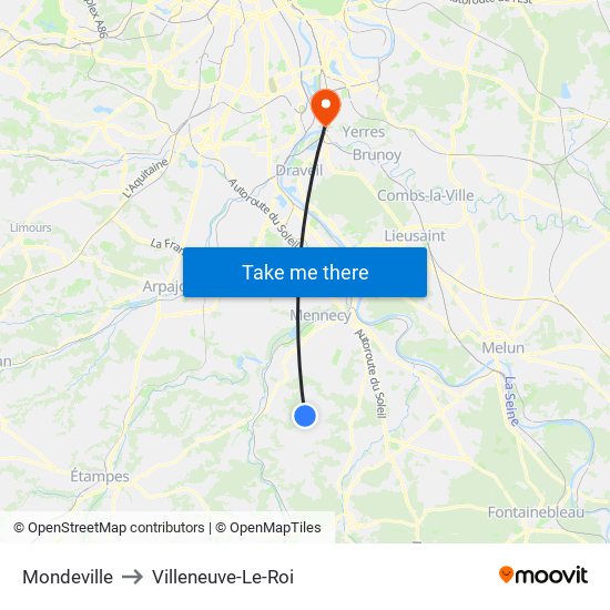 Mondeville to Villeneuve-Le-Roi map