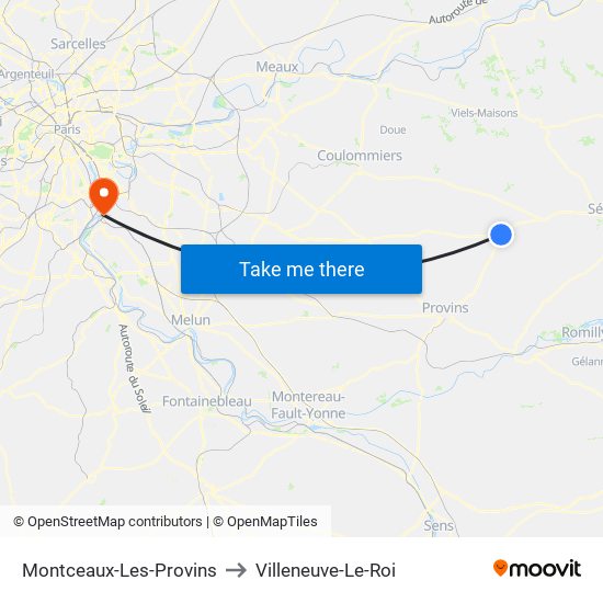 Montceaux-Les-Provins to Villeneuve-Le-Roi map