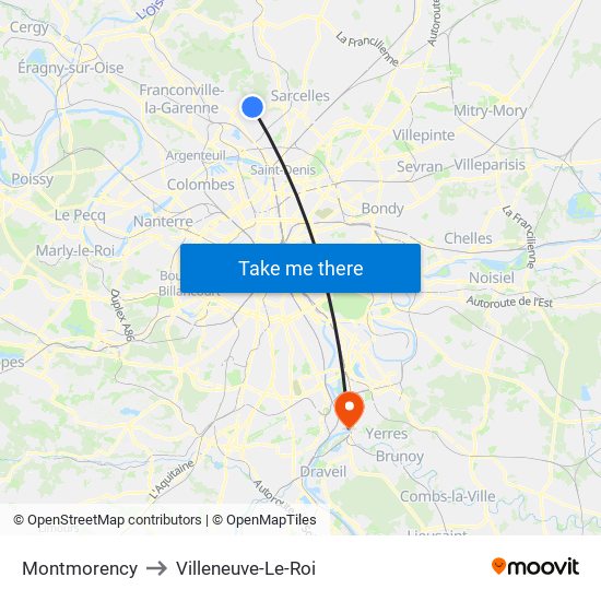 Montmorency to Villeneuve-Le-Roi map