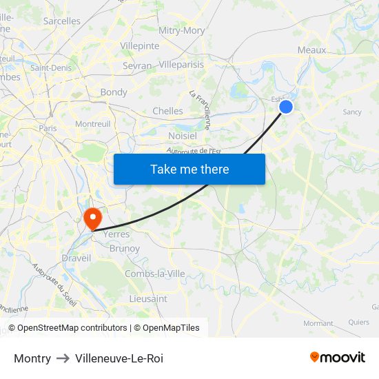 Montry to Villeneuve-Le-Roi map