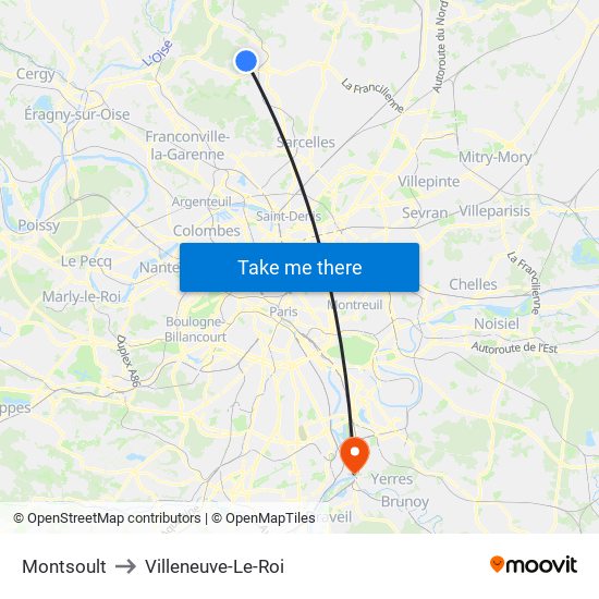 Montsoult to Villeneuve-Le-Roi map