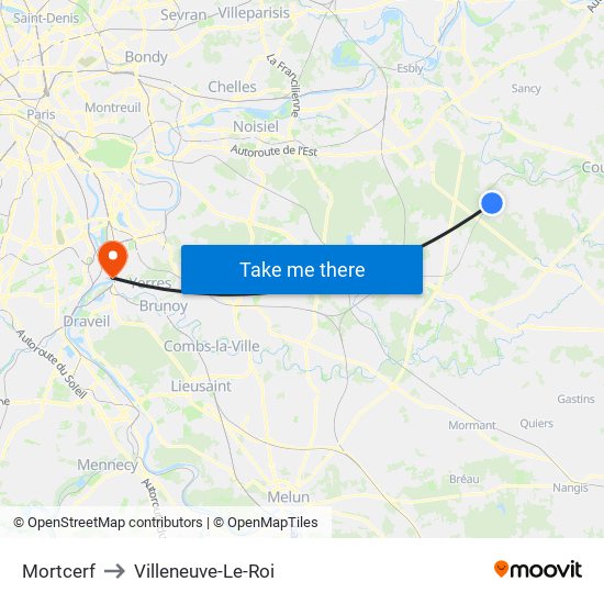 Mortcerf to Villeneuve-Le-Roi map