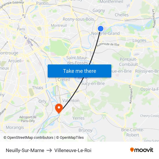 Neuilly-Sur-Marne to Villeneuve-Le-Roi map
