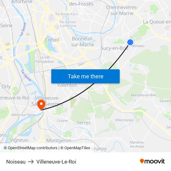 Noiseau to Villeneuve-Le-Roi map