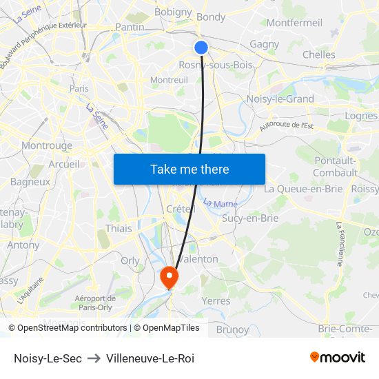 Noisy-Le-Sec to Villeneuve-Le-Roi map