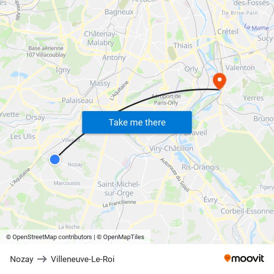 Nozay to Villeneuve-Le-Roi map