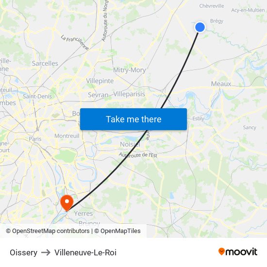 Oissery to Villeneuve-Le-Roi map