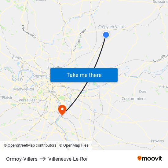 Ormoy-Villers to Villeneuve-Le-Roi map