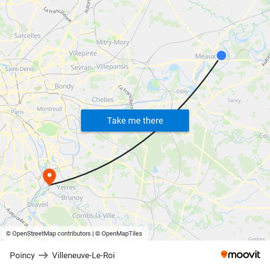 Poincy to Villeneuve-Le-Roi map