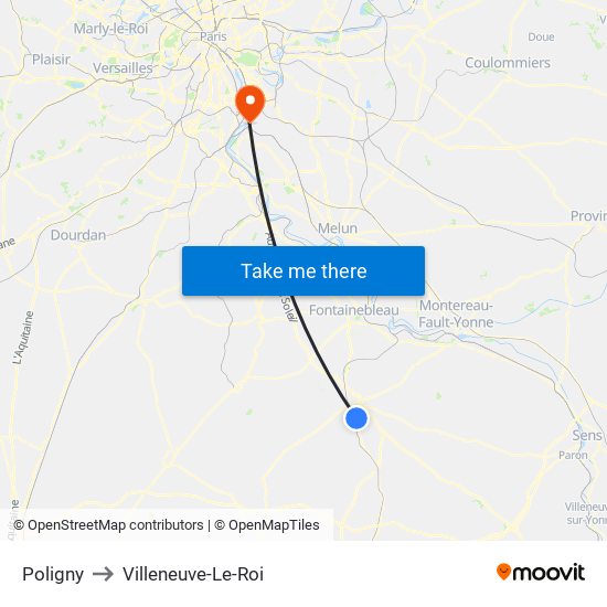 Poligny to Villeneuve-Le-Roi map