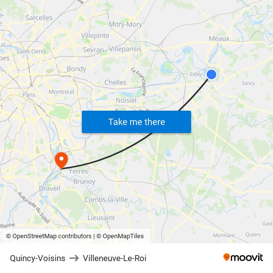 Quincy-Voisins to Villeneuve-Le-Roi map