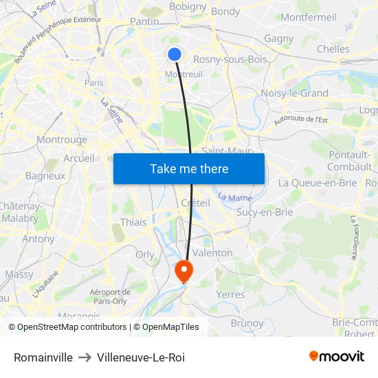 Romainville to Villeneuve-Le-Roi map