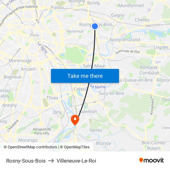 Rosny-Sous-Bois to Villeneuve-Le-Roi map