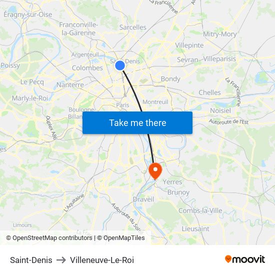 Saint-Denis to Villeneuve-Le-Roi map