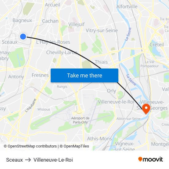 Sceaux to Villeneuve-Le-Roi map