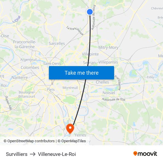 Survilliers to Villeneuve-Le-Roi map