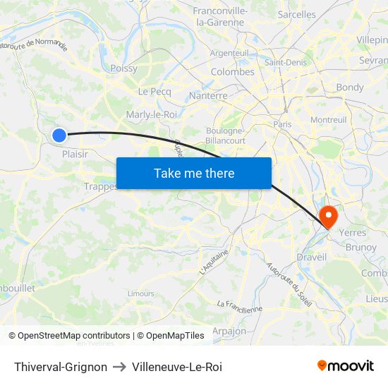 Thiverval-Grignon to Villeneuve-Le-Roi map