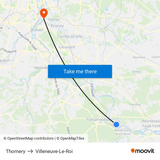 Thomery to Villeneuve-Le-Roi map