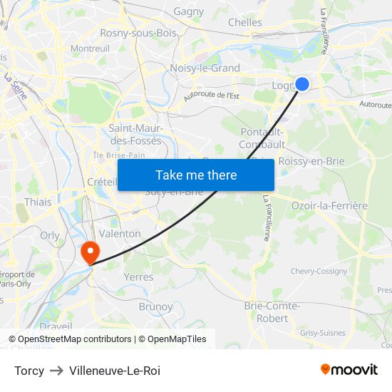 Torcy to Villeneuve-Le-Roi map